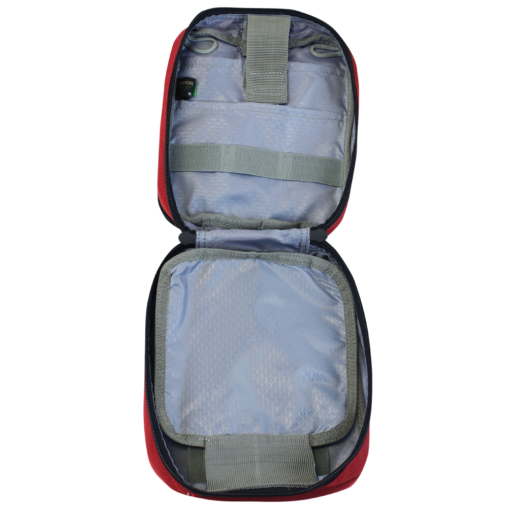 The Condor Rip-Away EMT Pouch is shown open and empty, displaying elastic loops and mesh pockets for organized storage inside.