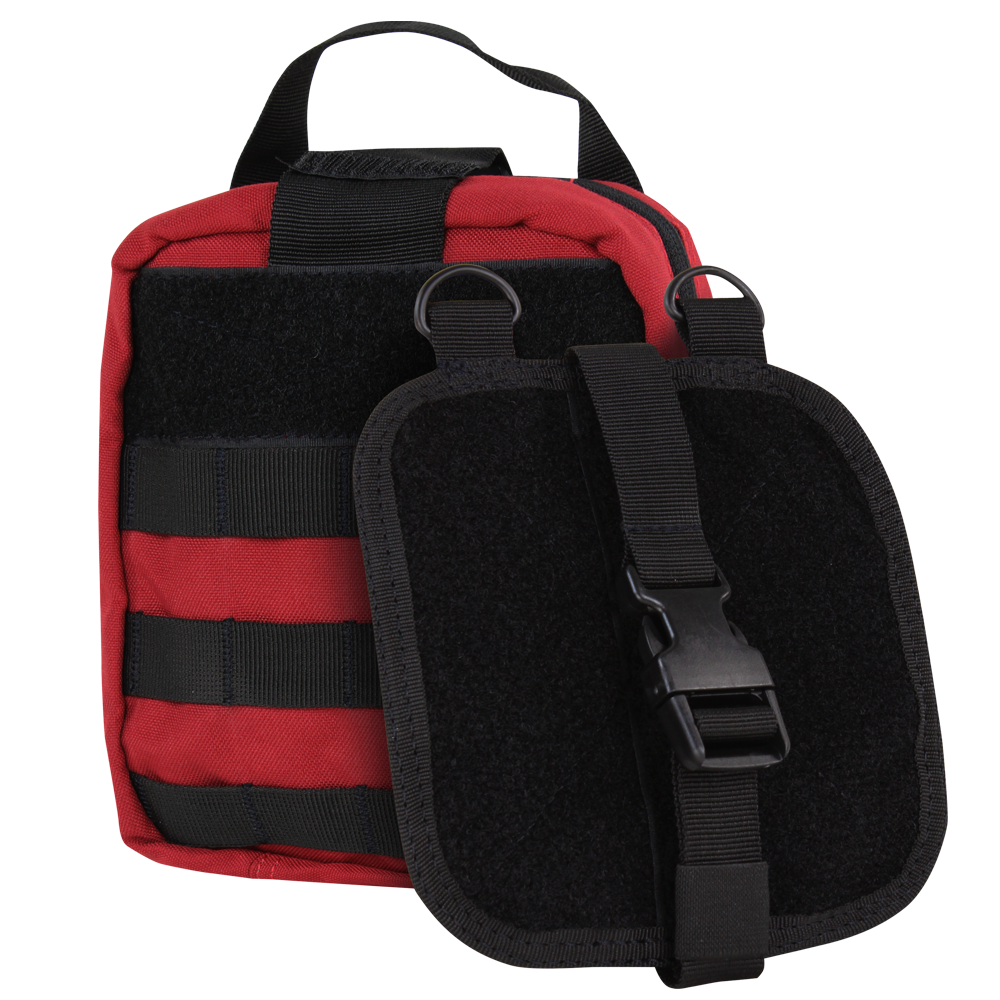 The Condor Rip-Away EMT Pouch is a red tactical pouch with black straps, Velcro panels, and a quick-release buckle, designed for easy attachment to gear or backpacks.
