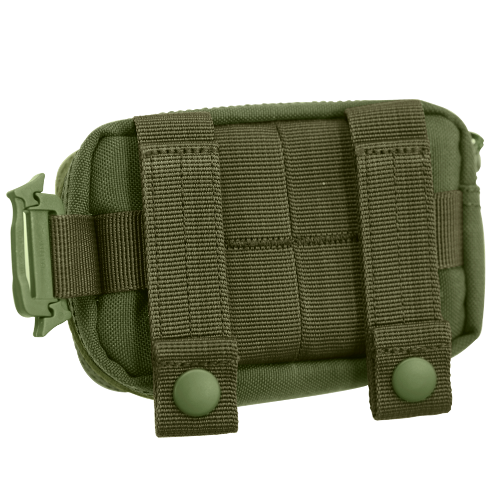 The Condor Digi Pouch is a compact olive green tactical pouch featuring dual snap-button straps and rear webbing for secure attachment.