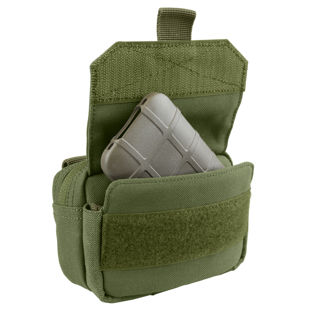 The Condor Digi Pouch in green is shown with its flap open, revealing a gray rectangular item stored inside.