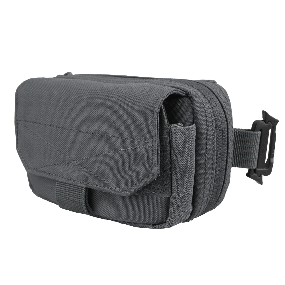 The Condor Digi Pouch | SALE is a small, gray, rectangular fabric pouch with a front flap and buckle, designed to attach to a belt or strap—ideal for EDC or the shooting range.