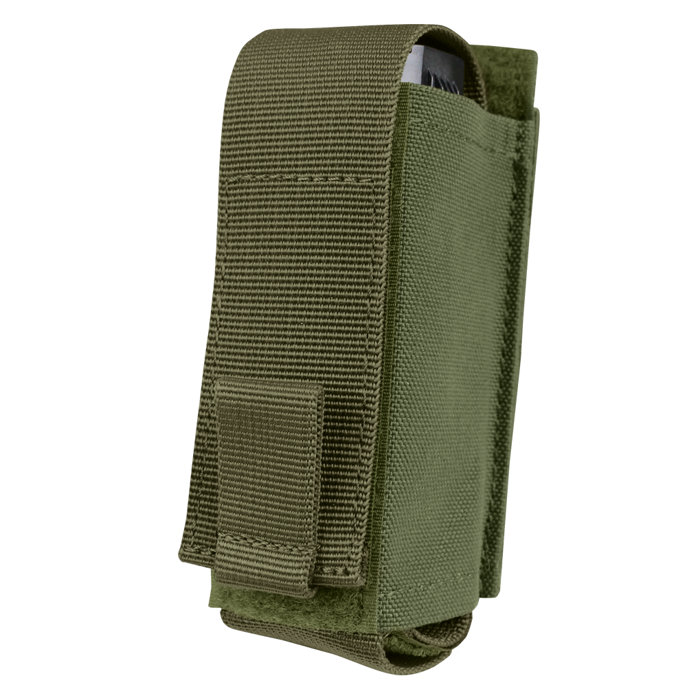 The Condor OC Pouch in Olive Drab is a tactical nylon pouch with a flap cover, partially revealing a small rectangular object inside.