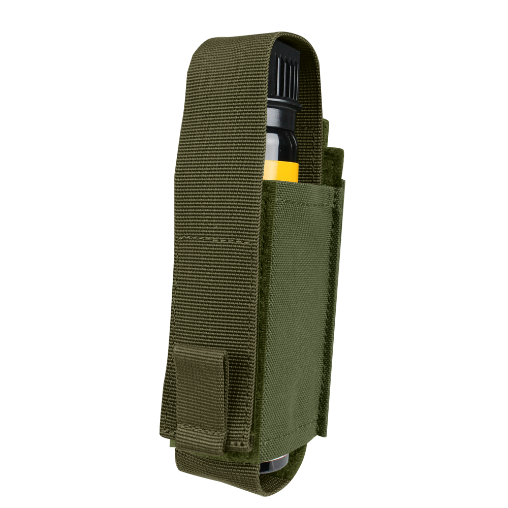The Condor OC Pouch is an olive green fabric case with reinforced stitching, a hook-and-loop closure, and designed to hold a cylindrical black and yellow item.