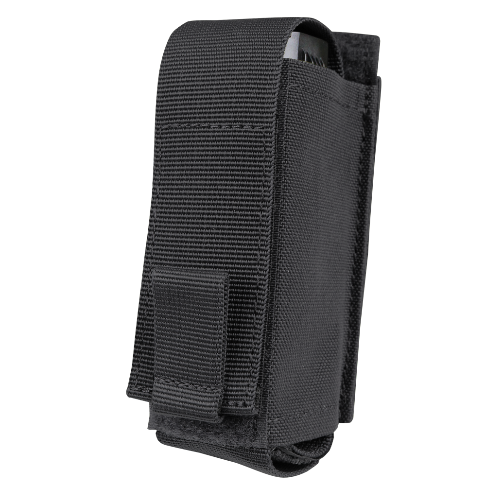 The Condor OC Pouch is a black nylon case with a flap cover and hook-and-loop closure, designed to securely hold and protect a small device or tool.