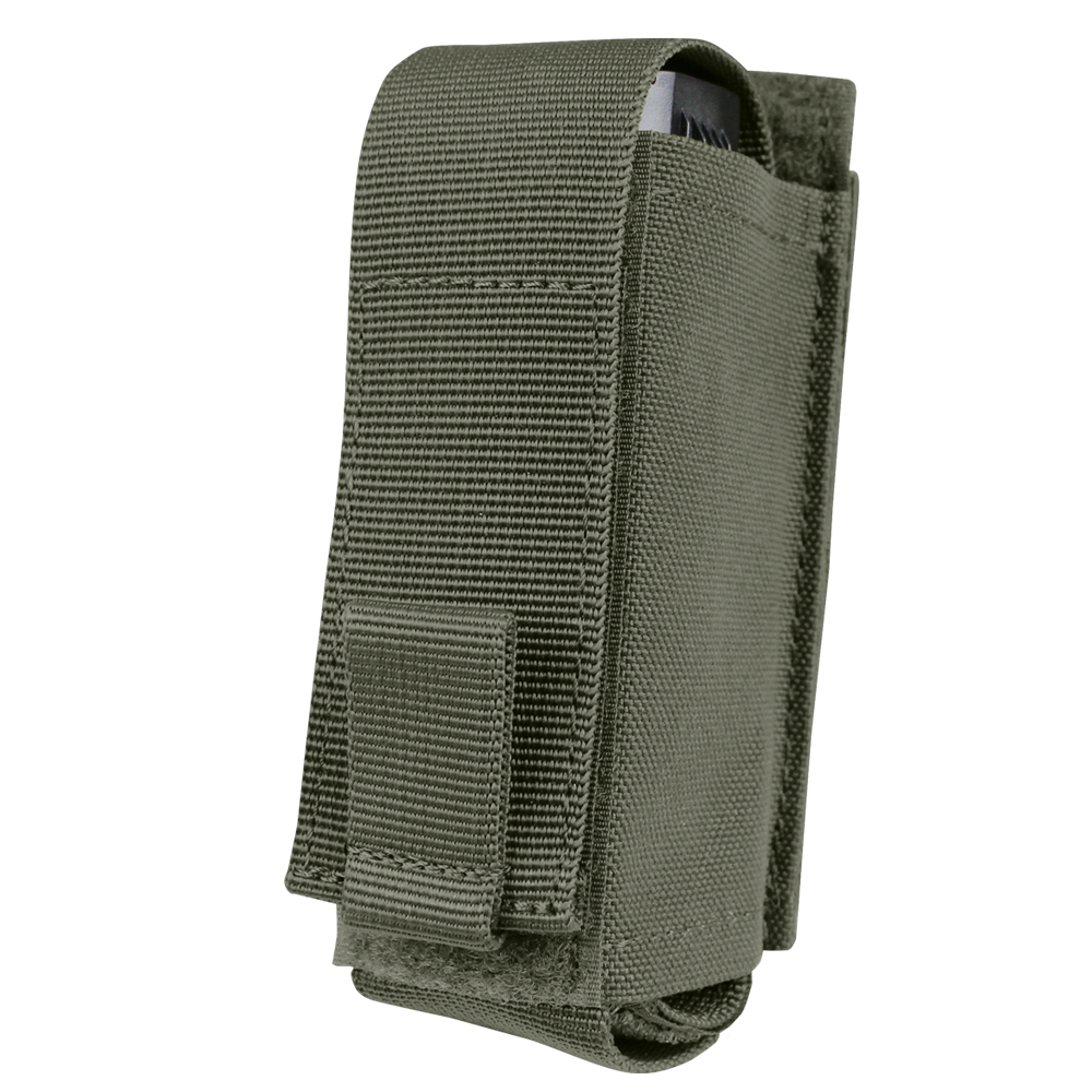 The Condor OC Pouch is an olive green nylon tactical pouch with a flap closure and visible stitching, partially revealing a white item inside.