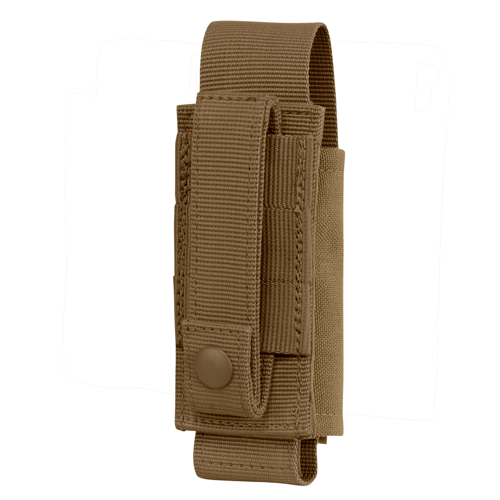 The Condor OC Pouch is a tan nylon tactical pouch with snap-button closure and belt loop, ideal for carrying small items like a flashlight, multitool, or magazine.