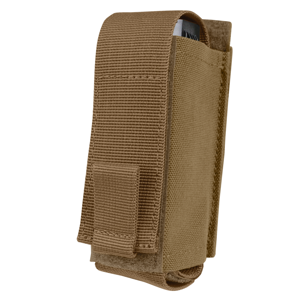 The Condor OC Pouch is a tan nylon tactical pouch with a flap closure, partially revealing a rectangular object inside.