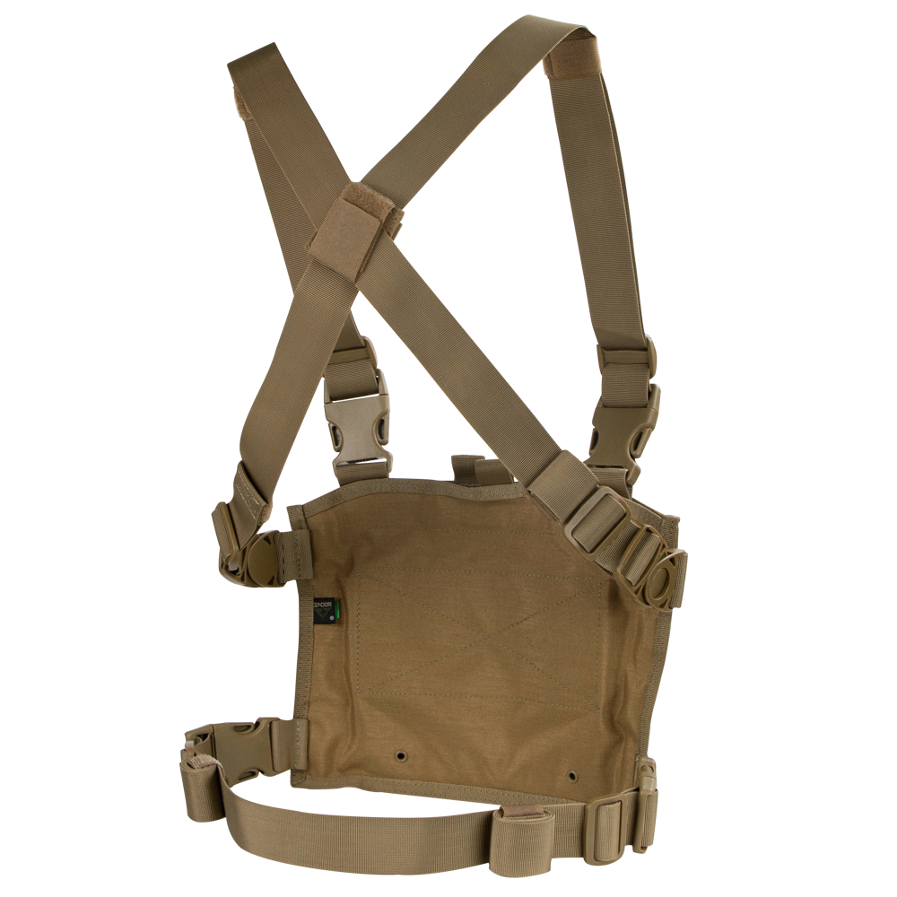 The Condor Modular Chest Panel is a brown tactical rig with adjustable shoulder and waist straps, plastic buckles, and a central gear pouch—perfect for bushcraft or the range. Shown on a white background.