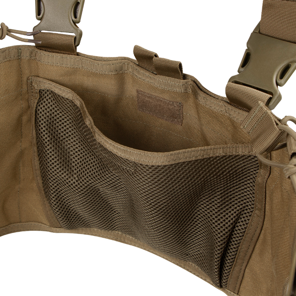 Close-up of an empty Condor Recon Chest Rig in tan, featuring a mesh pocket and adjustable straps.