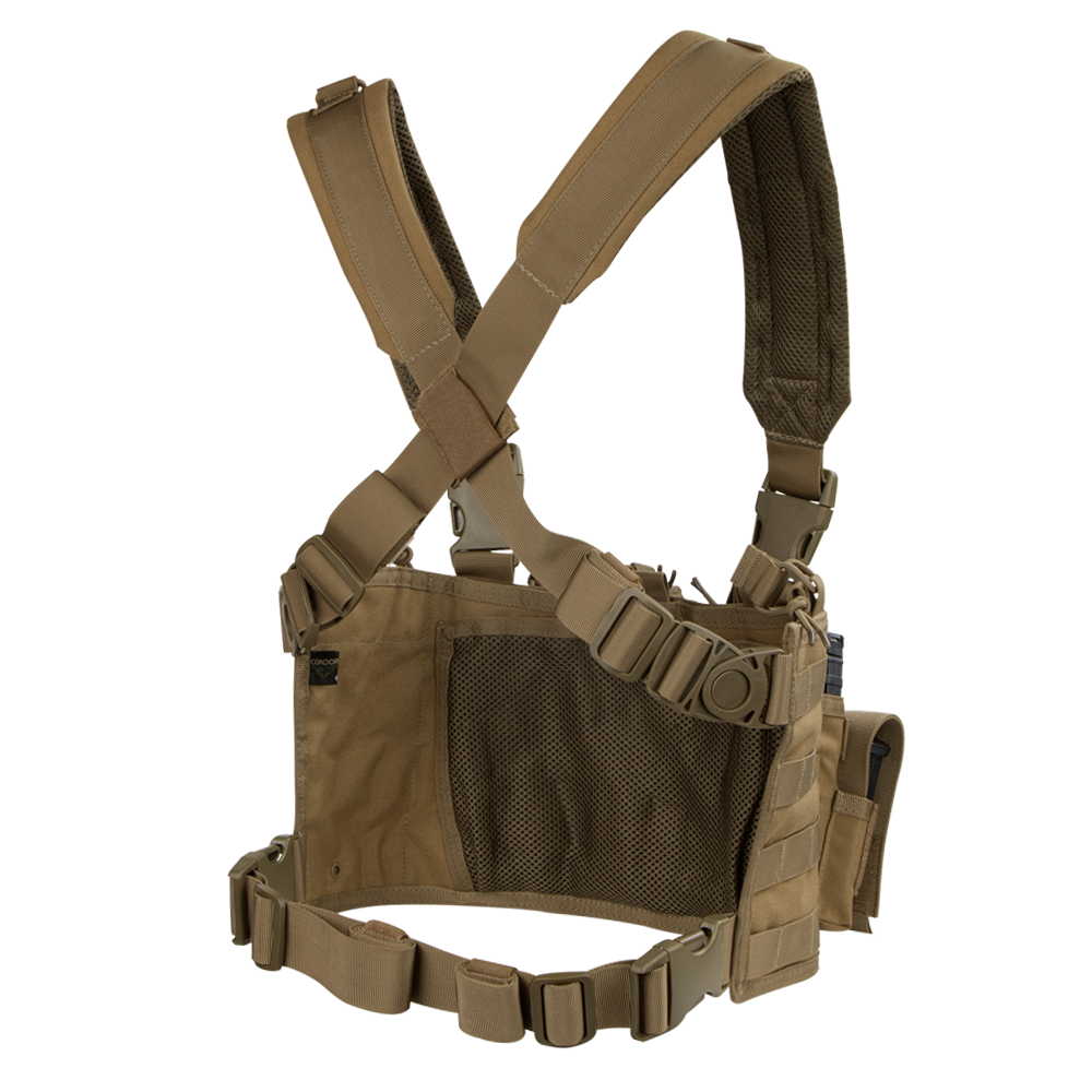 The Condor Recon Chest Rig features a tan color, adjustable straps, mesh back panel, and multiple attachment points for gear and accessories.