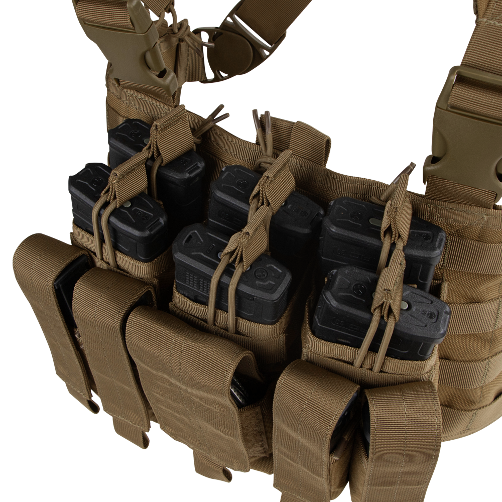 The Condor Recon Chest Rig in tan features multiple pouches with elastic cords, securely holding several black rifle magazines.