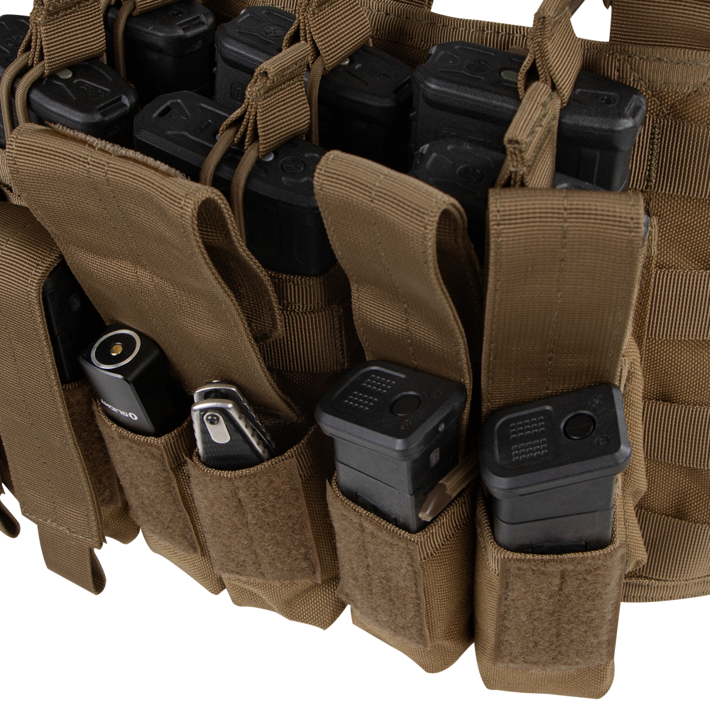 The Condor Recon Chest Rig features multiple brown pouches for black rifle magazines, a multitool, and a flashlight.