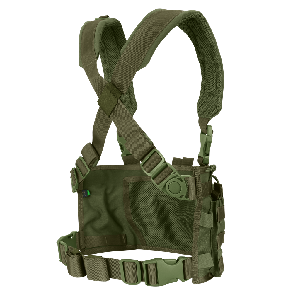 The Condor Rapid Assault Chest Rig features olive green color, adjustable straps, a mesh back panel, multiple attachment points, and secure buckles for a customizable fit.