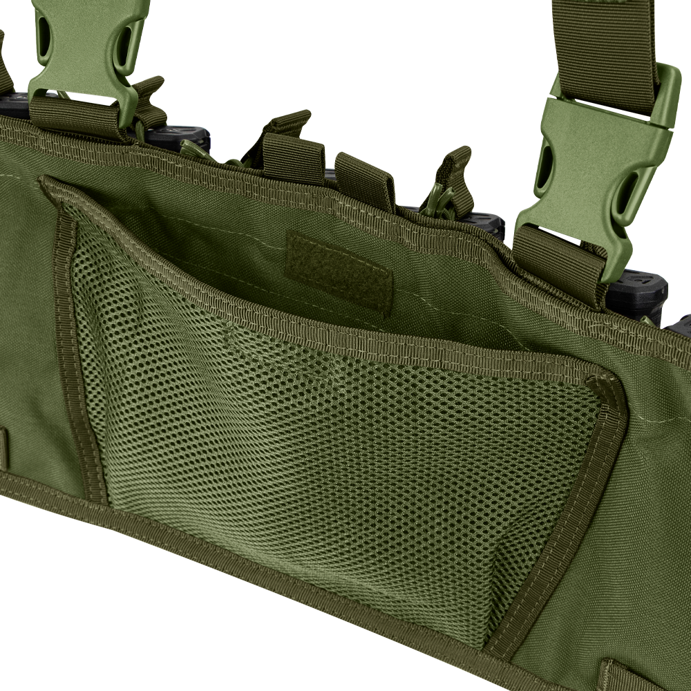 Close-up of the Condor Rapid Assault Chest Rig in olive green, featuring mesh interior pockets and clip fastenings.