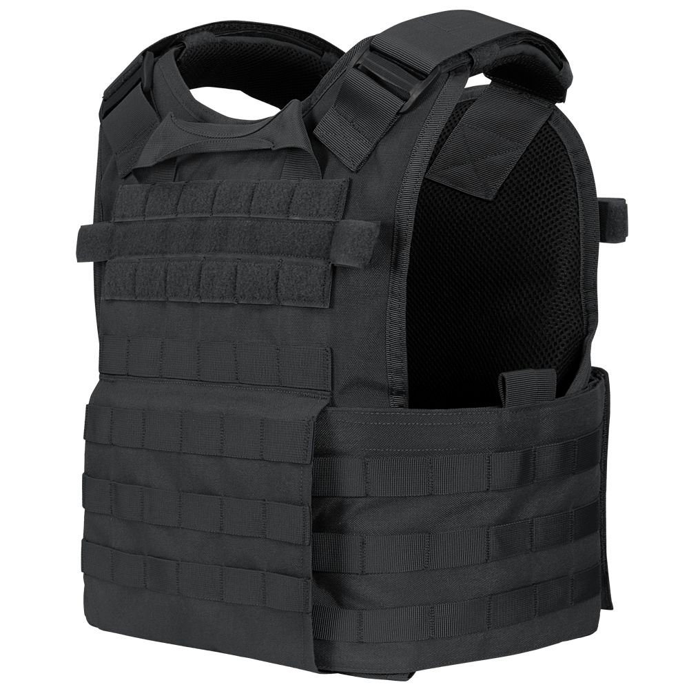 The Condor Modular Operator Plate Carrier Gen II is a black tactical vest featuring adjustable shoulder straps and multiple rows of webbing for gear attachment.