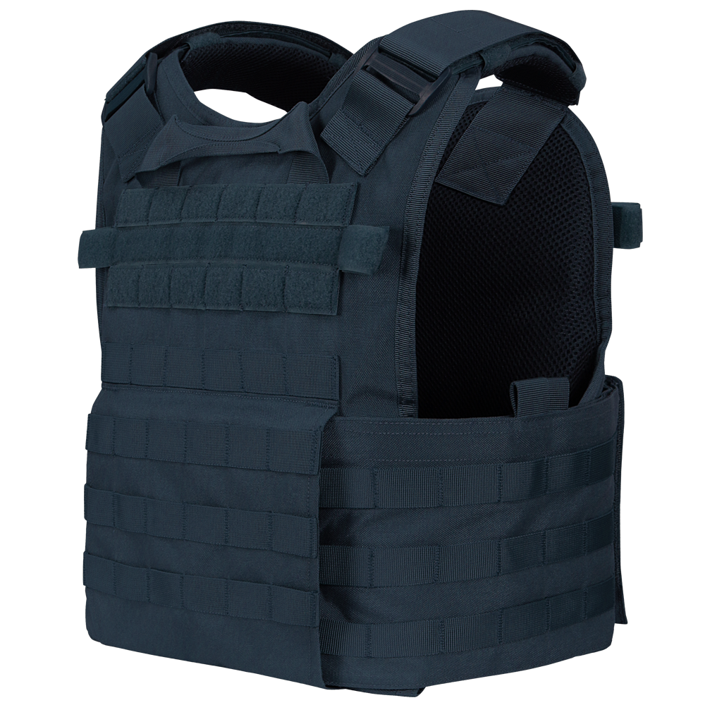 The Condor Modular Operator Plate Carrier Gen II is a dark blue tactical vest with adjustable shoulder and side straps, featuring multiple attachment points for gear and accessories.