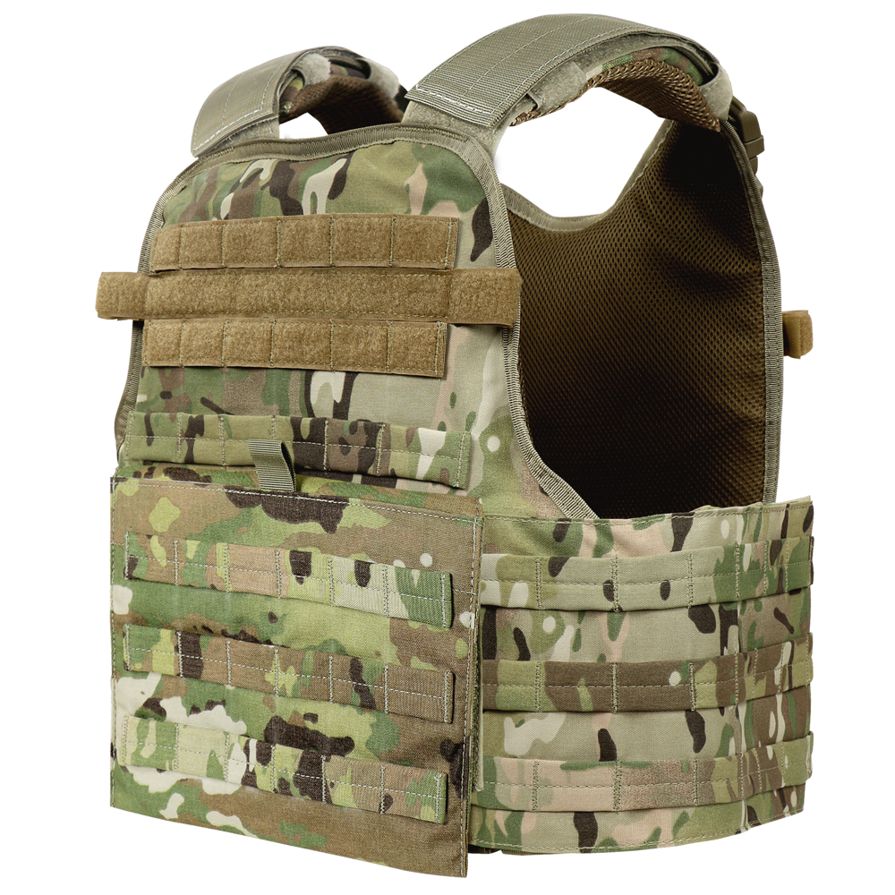 The Condor Modular Operator Plate Carrier Gen II in MultiCam features multiple attachment points and padding, designed for military or law enforcement use.