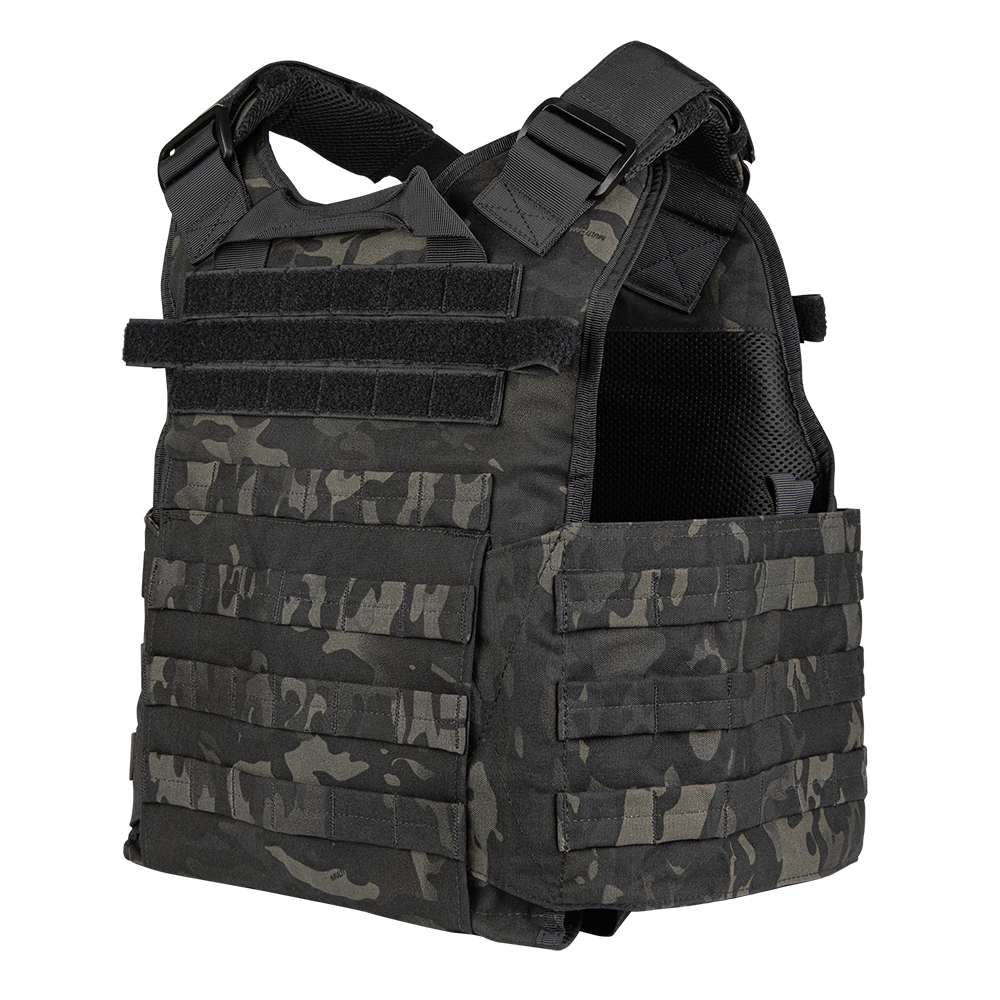 The Condor Modular Operator Plate Carrier Gen II in MultiCam Black features multiple straps, mesh inner lining, and Velcro panels for gear carriage and protection.