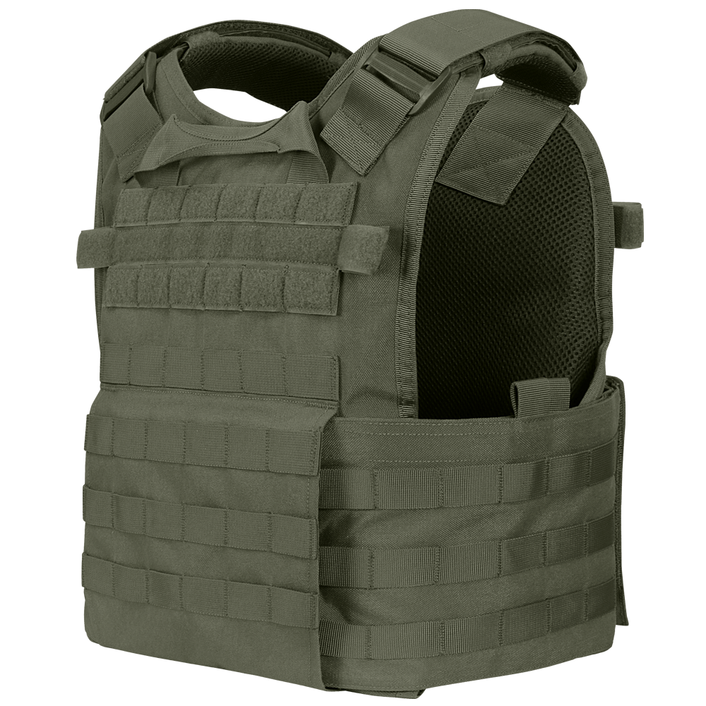 The Condor Modular Operator Plate Carrier Gen II is a tactical, military-style vest featuring adjustable straps and multiple rows of MOLLE webbing for versatile gear attachment.