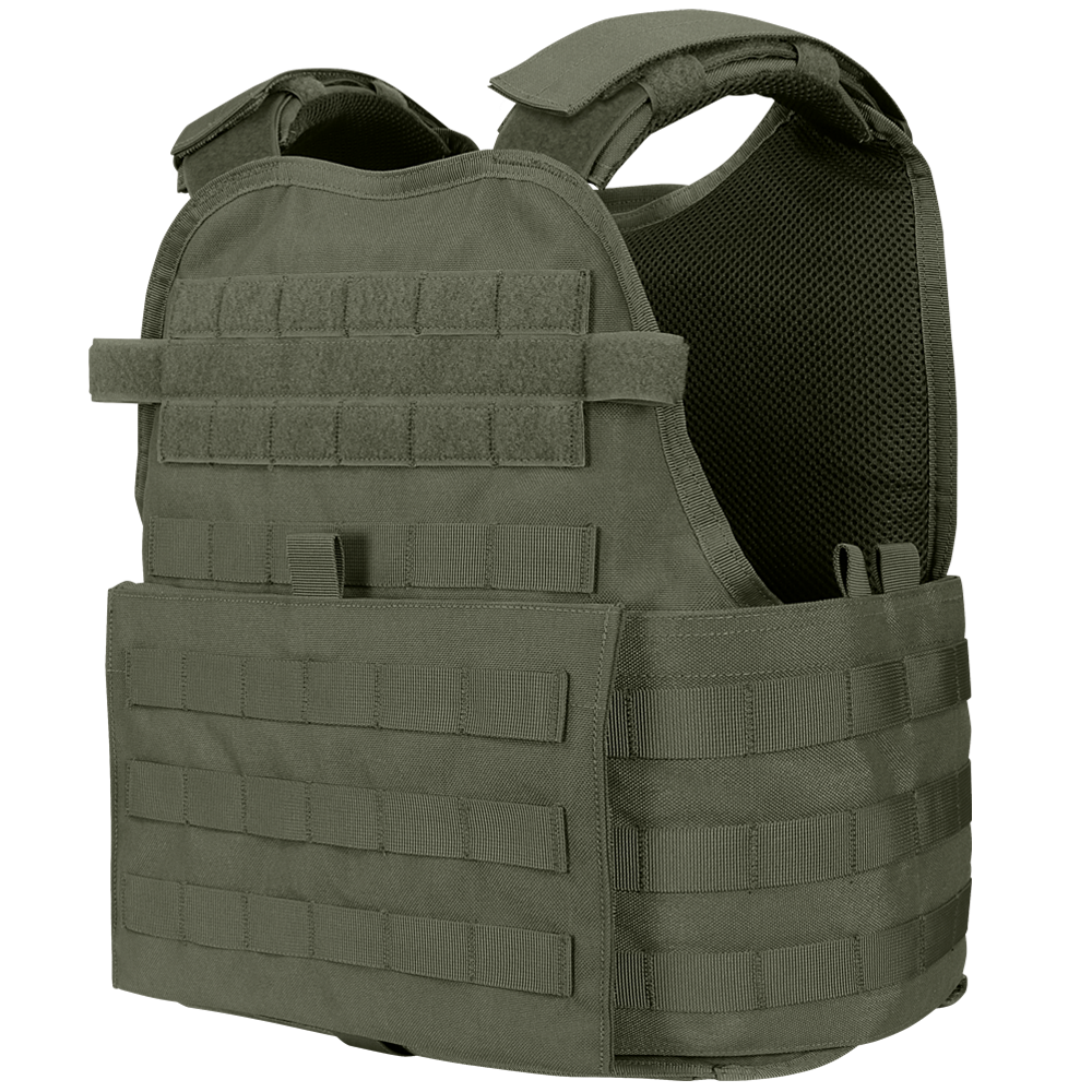 The Condor Modular Operator Plate Carrier Gen II is an olive green tactical vest featuring multiple rows of MOLLE webbing, adjustable shoulder and waist straps, and a padded interior for enhanced comfort and support.