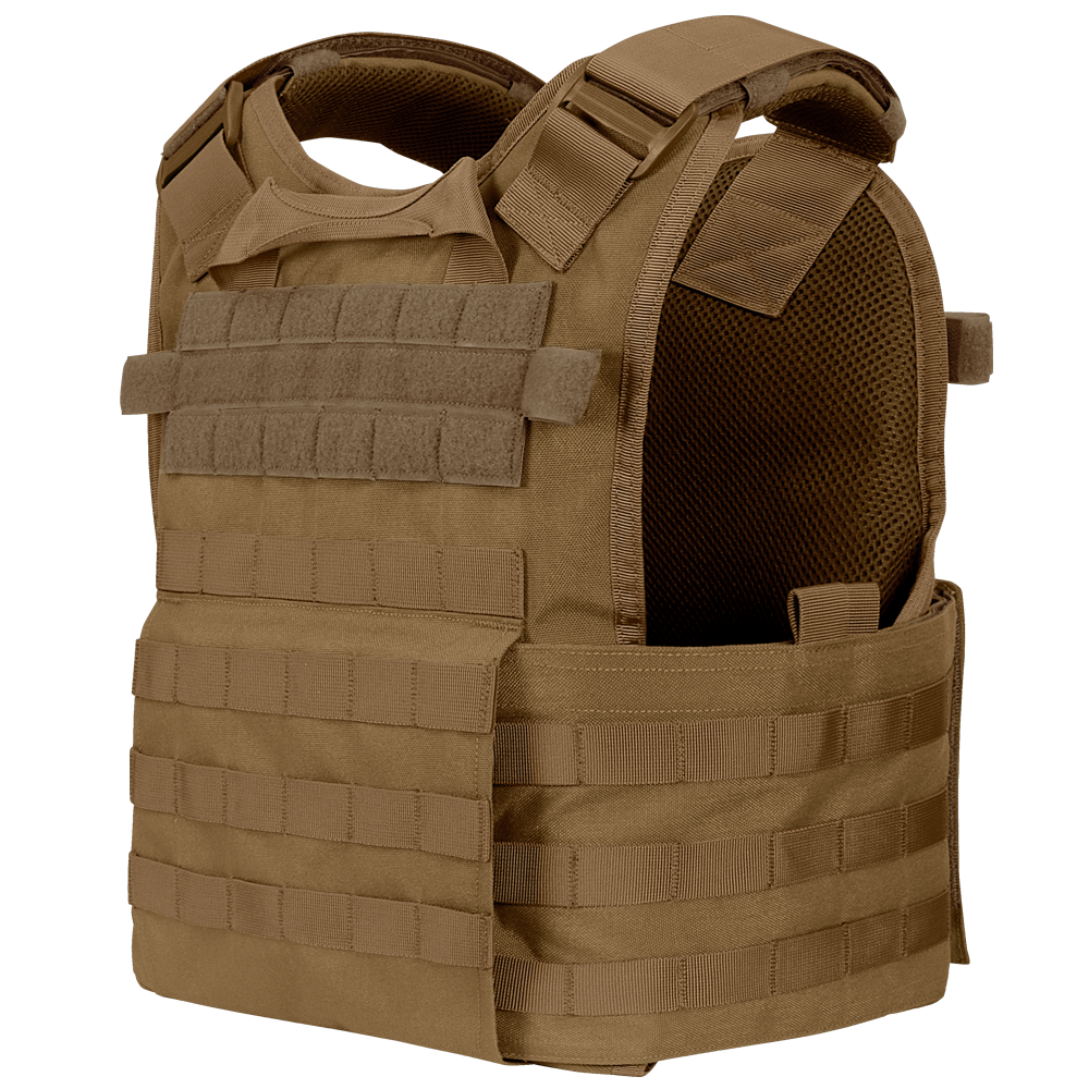 The Condor Modular Operator Plate Carrier Gen II is a brown vest with multiple rows of MOLLE webbing and adjustable shoulder straps, designed for holding armor plates and attaching gear.