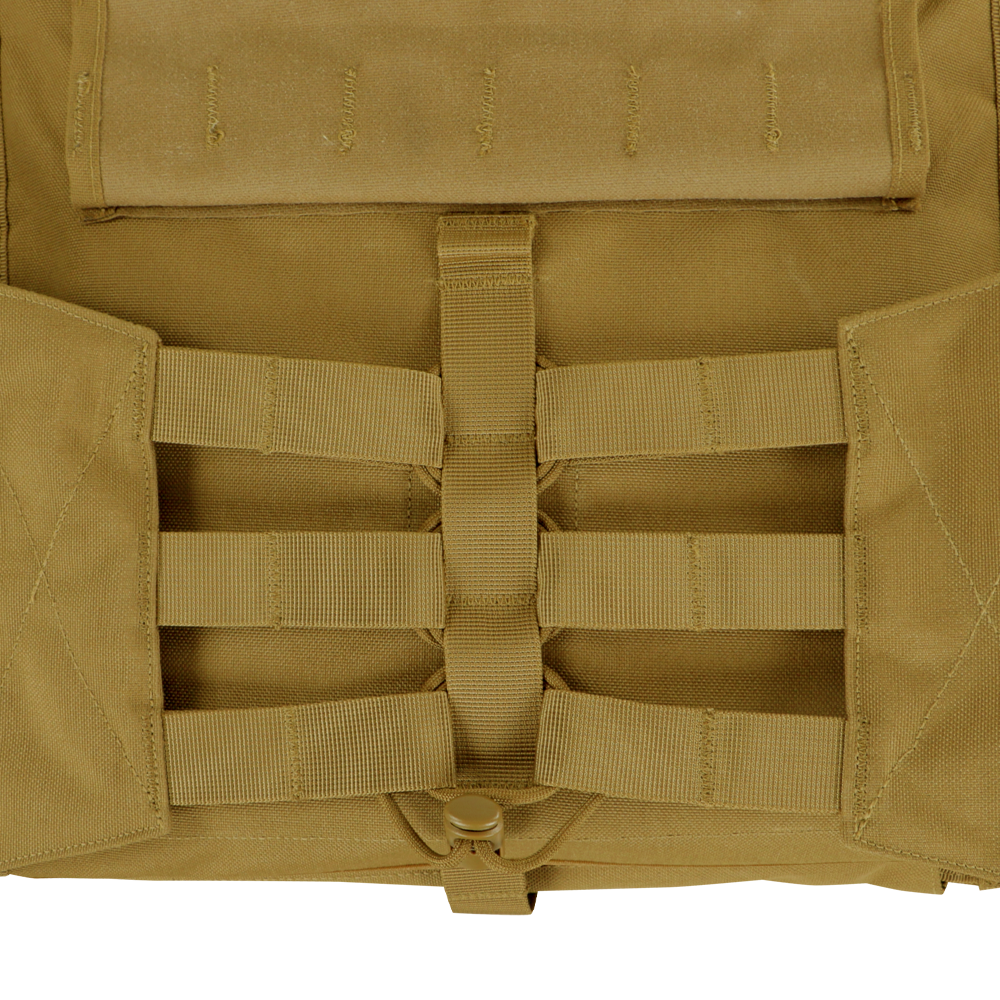 Close-up of the Condor Modular Operator Plate Carrier Gen II in MultiCam Black, showing its back panel with horizontal webbing and a central vertical strap for modular attachments—perfect for bushcraft or EDC use.