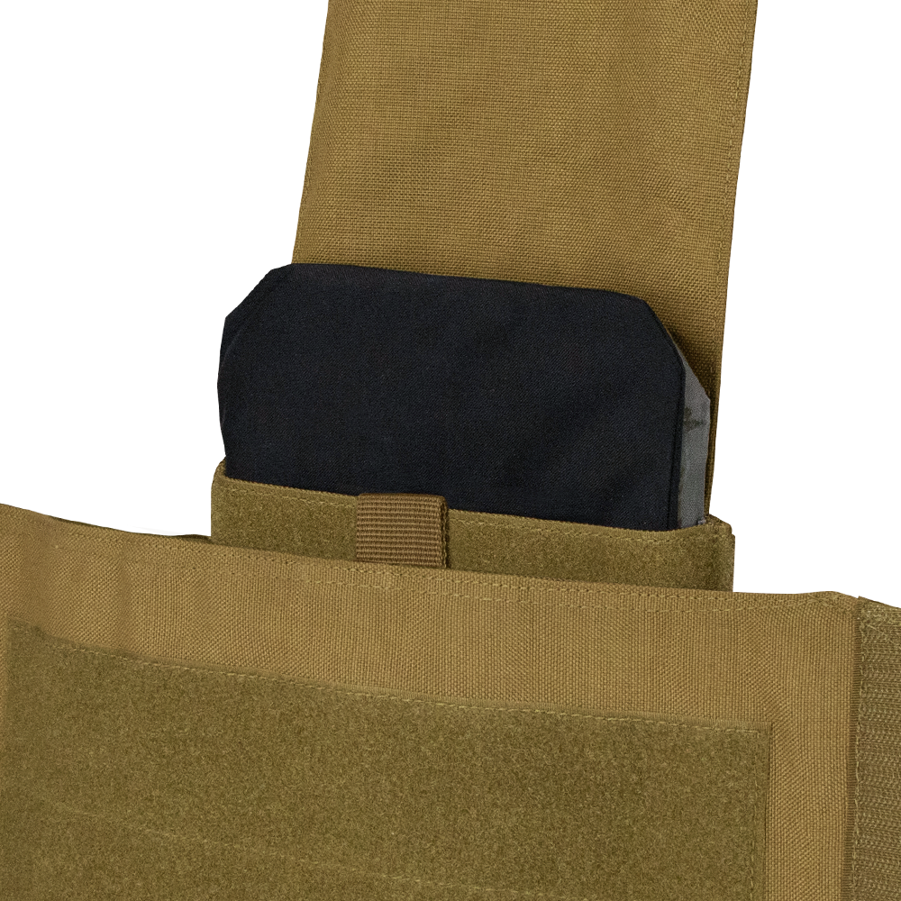 A close-up of a Condor Modular Operator Plate Carrier Gen II in MultiCam Black with a black ballistic plate partially inserted into its pocket, popular among law enforcement.