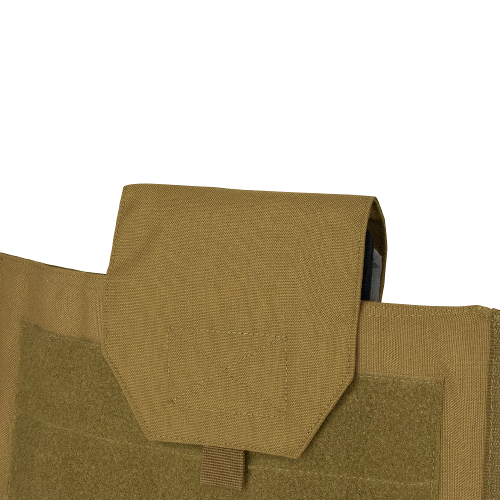 Close-up of a tan tactical pouch with flap closure, securely attached to the Condor Modular Operator Plate Carrier Gen II in MultiCam Black—a must-have for demanding tactical missions.