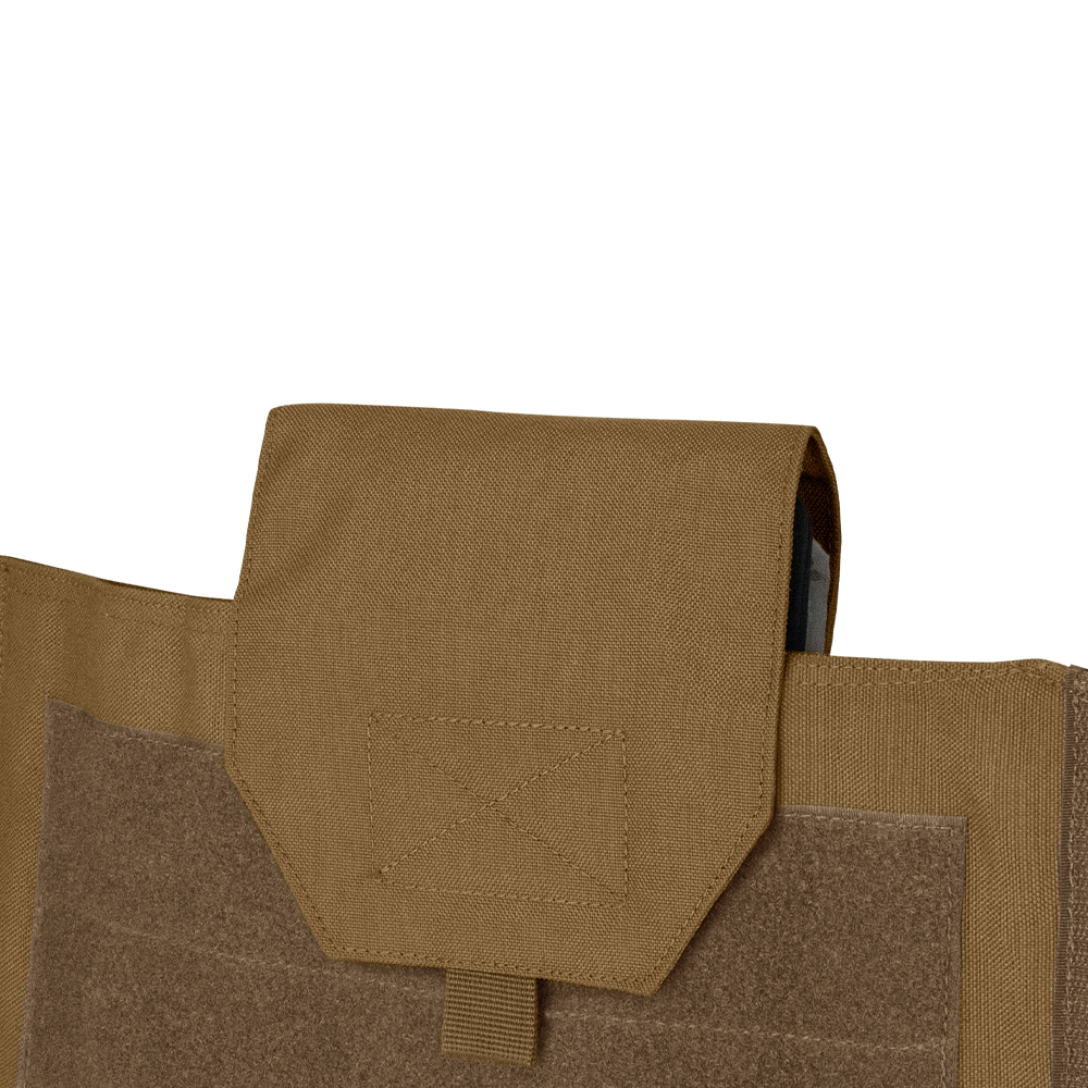 Close-up of the Condor Modular Operator Plate Carrier Gen IIs tan pocket with flap cover, secured by hook-and-loop fastener and featuring reinforced stitching details.
