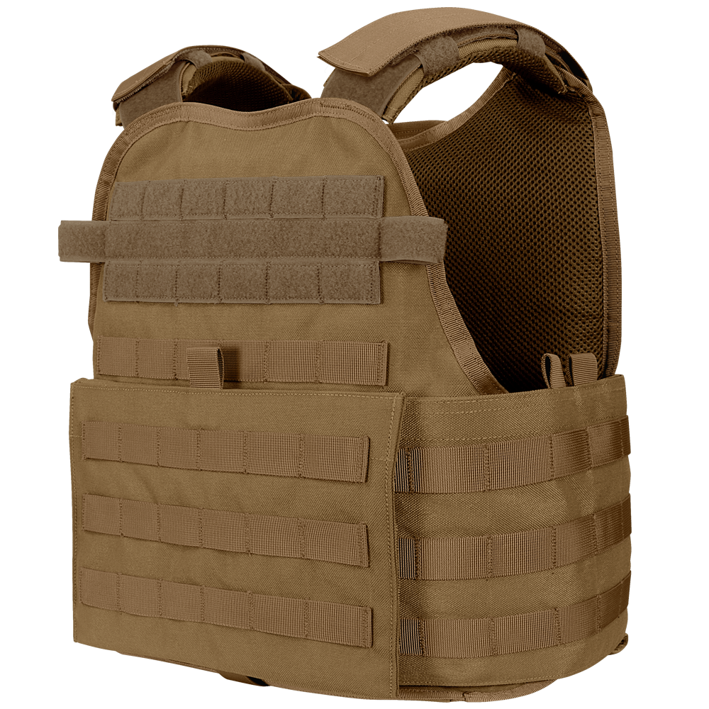 The Condor Modular Operator Plate Carrier Gen II in tan features adjustable straps, Velcro panels, and MOLLE webbing for gear attachment, shown against a plain background.