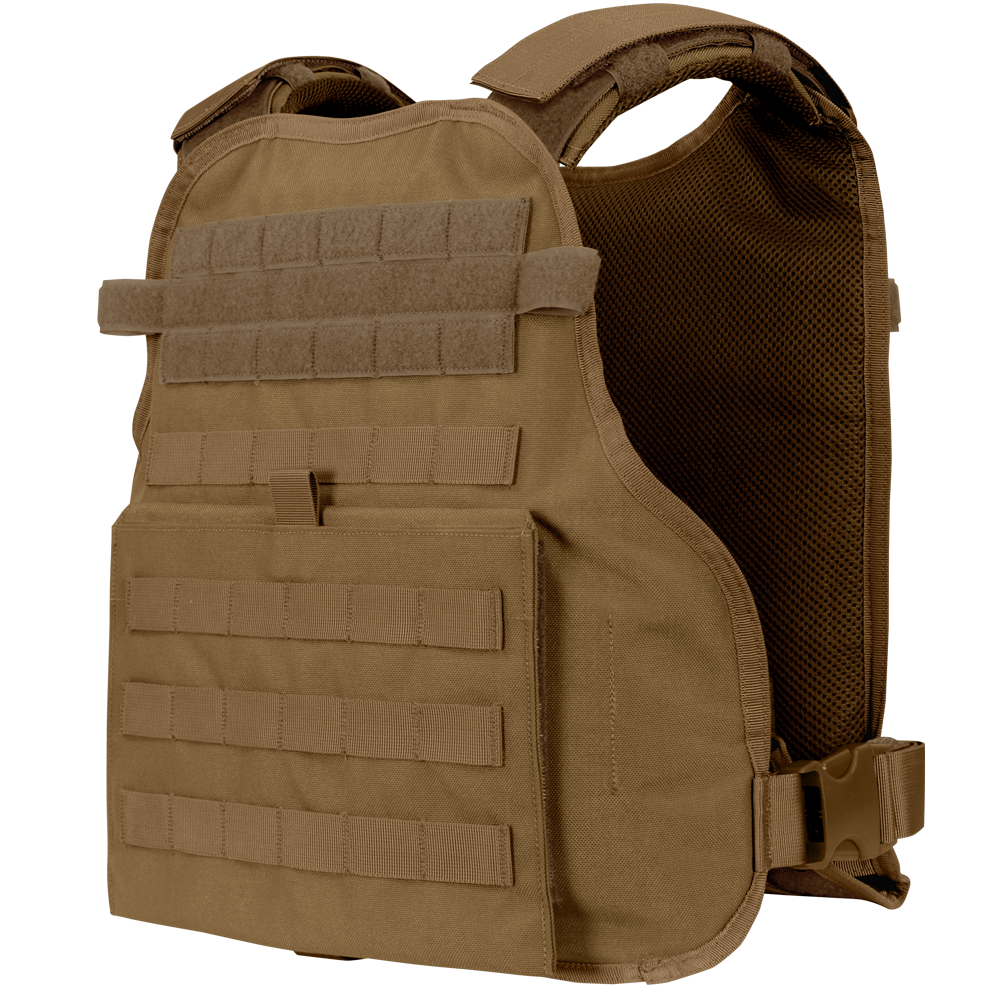 The Condor Modular Operator Plate Carrier Gen II is a tan tactical vest featuring adjustable straps, front MOLLE webbing, and hook-and-loop fastener panels for patches or identification.
