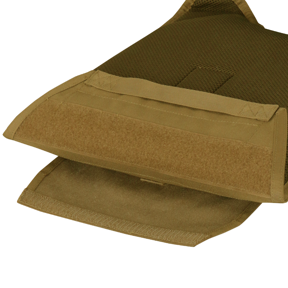 A detailed view of the Condor Modular Operator Plate Carrier Gen II in MultiCam Black, highlighting its open front with Velcro closures and organized interior, designed for tactical use.