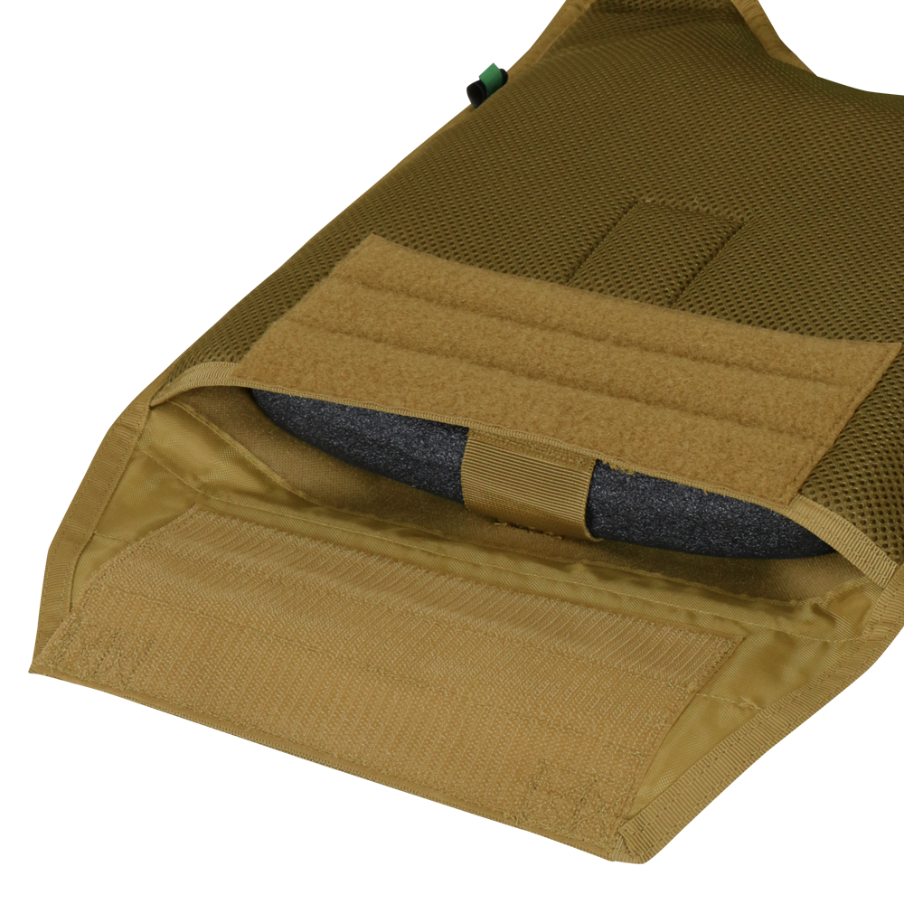 A close-up of the Condor Modular Operator Plate Carrier Gen II in MultiCam shows a black ballistic plate partially inserted into its pocket, designed for law enforcement and first responders.