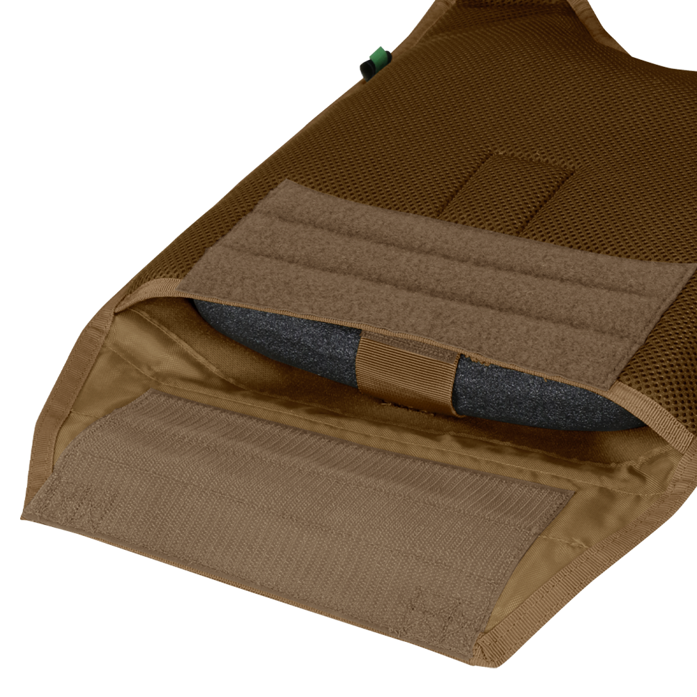 A close-up of the Condor Modular Operator Plate Carrier Gen II shows an open brown pocket with a gray ballistic plate inside.