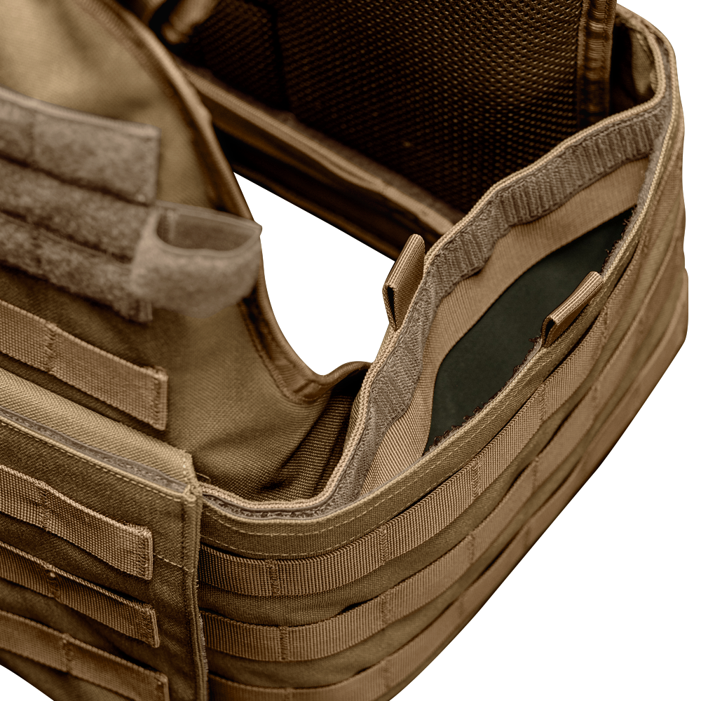 Close-up of the Condor Modular Operator Plate Carrier Gen II in tan, featuring MOLLE webbing and an open compartment displaying the inner padding or plate insert.