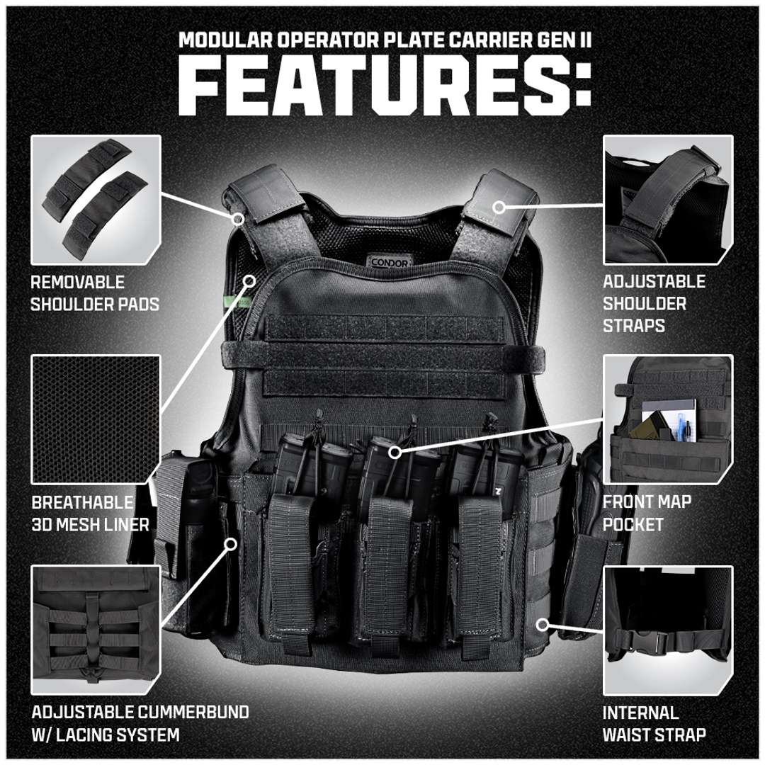 The Condor Modular Operator Plate Carrier Gen II in MultiCam Black features removable shoulder pads, adjustable straps, a breathable mesh liner, front map pocket, adjustable cummerbund, and an internal waist strap.