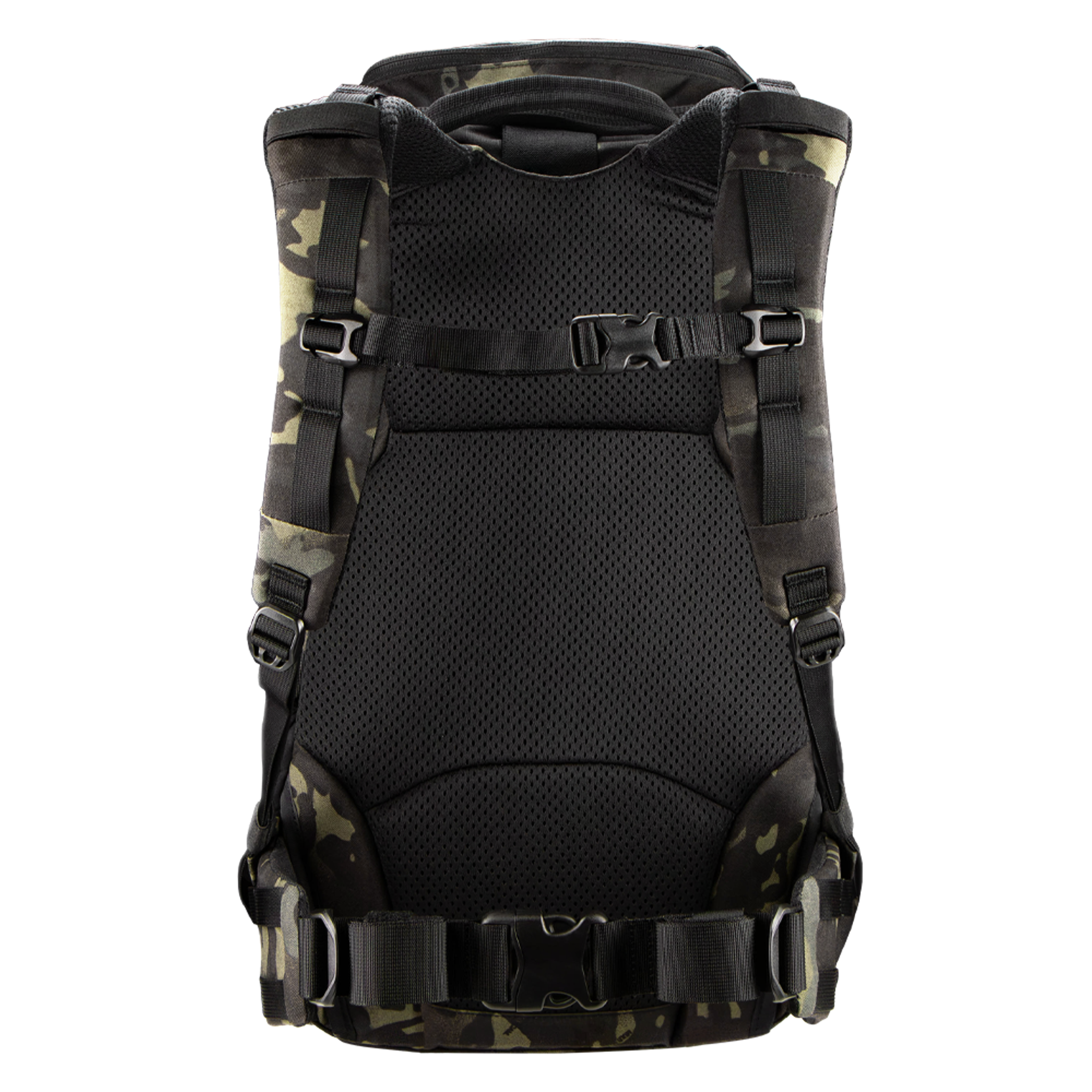 The Condor Nomad Backpack 25L in black and camouflage is shown from the back, featuring padded straps, a mesh back panel, and several adjustable buckles for comfort.