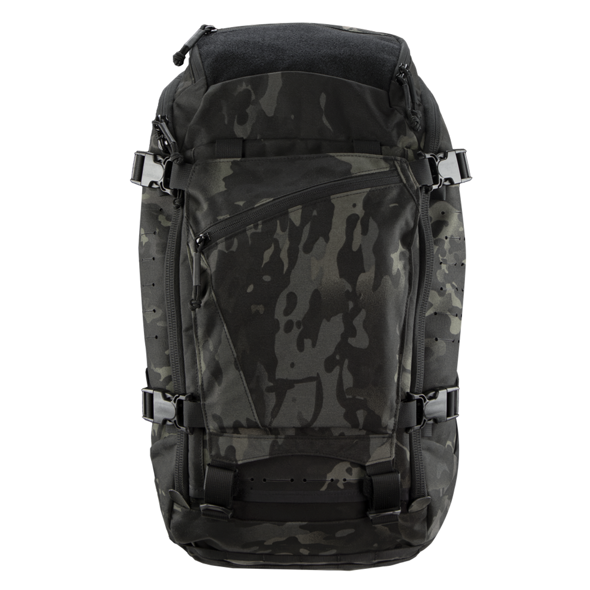 The Condor Nomad Backpack 25L in MultiCam Black features multiple zippers, buckles, and adjustable straps, shown against a white background.