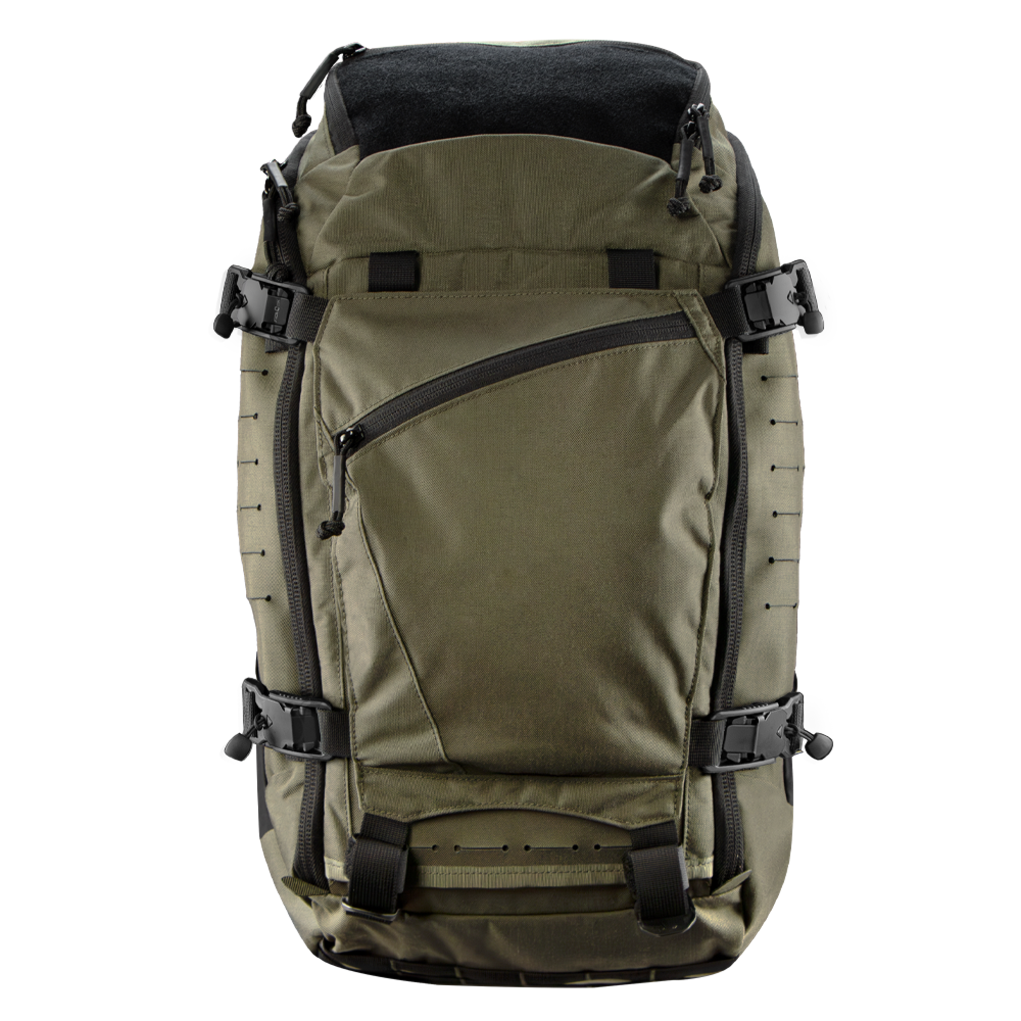 The Condor Nomad Backpack 25L in olive green features multiple black straps, buckles, and a front zippered pocket, shown against a plain white background.