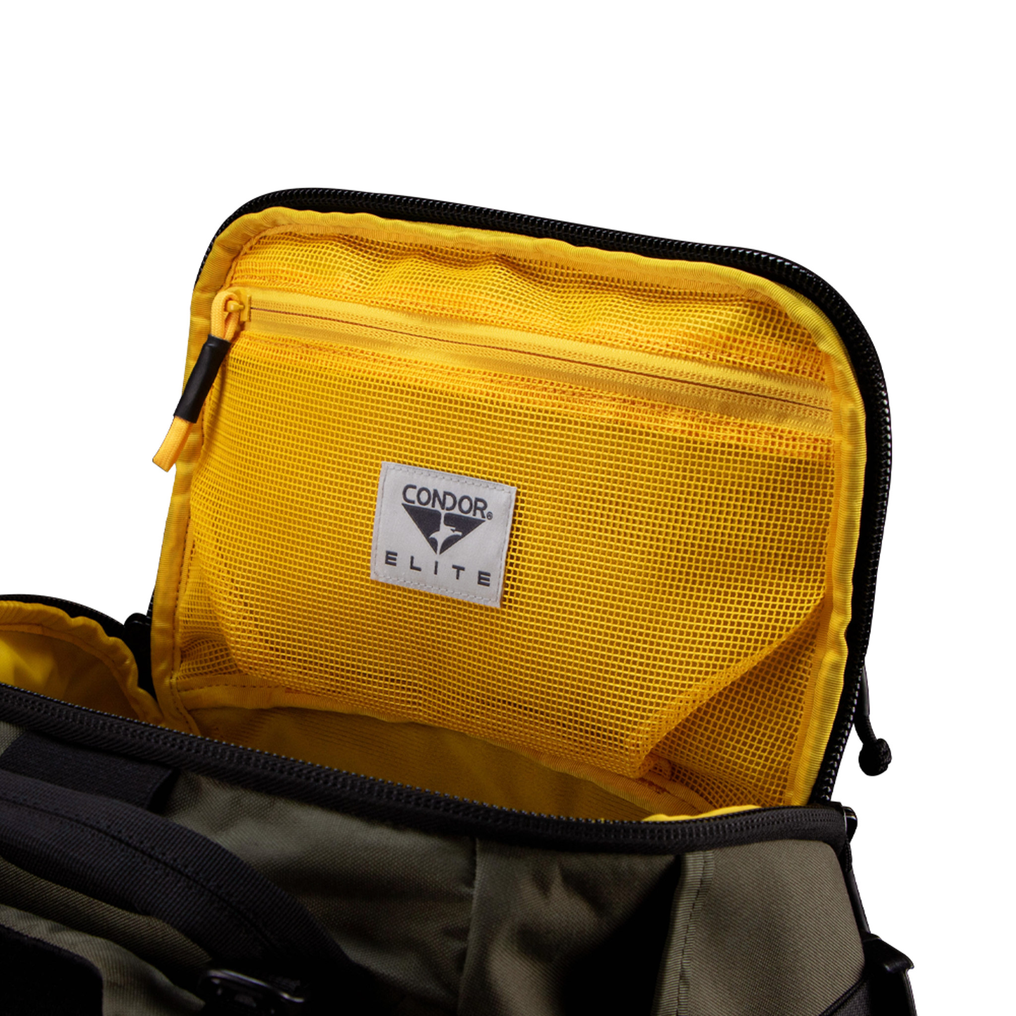 The Nomad Backpack 25L by Condor features a black and olive green exterior, an open view of its yellow mesh zippered pocket, and a signature Condor Elite label.