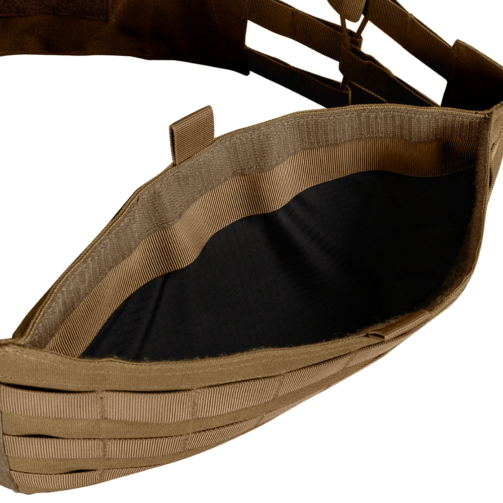 Close-up of the Condor EXO Plate Carrier Gen II in tan, featuring MOLLE webbing and a black interior, displayed against a matching brown background.