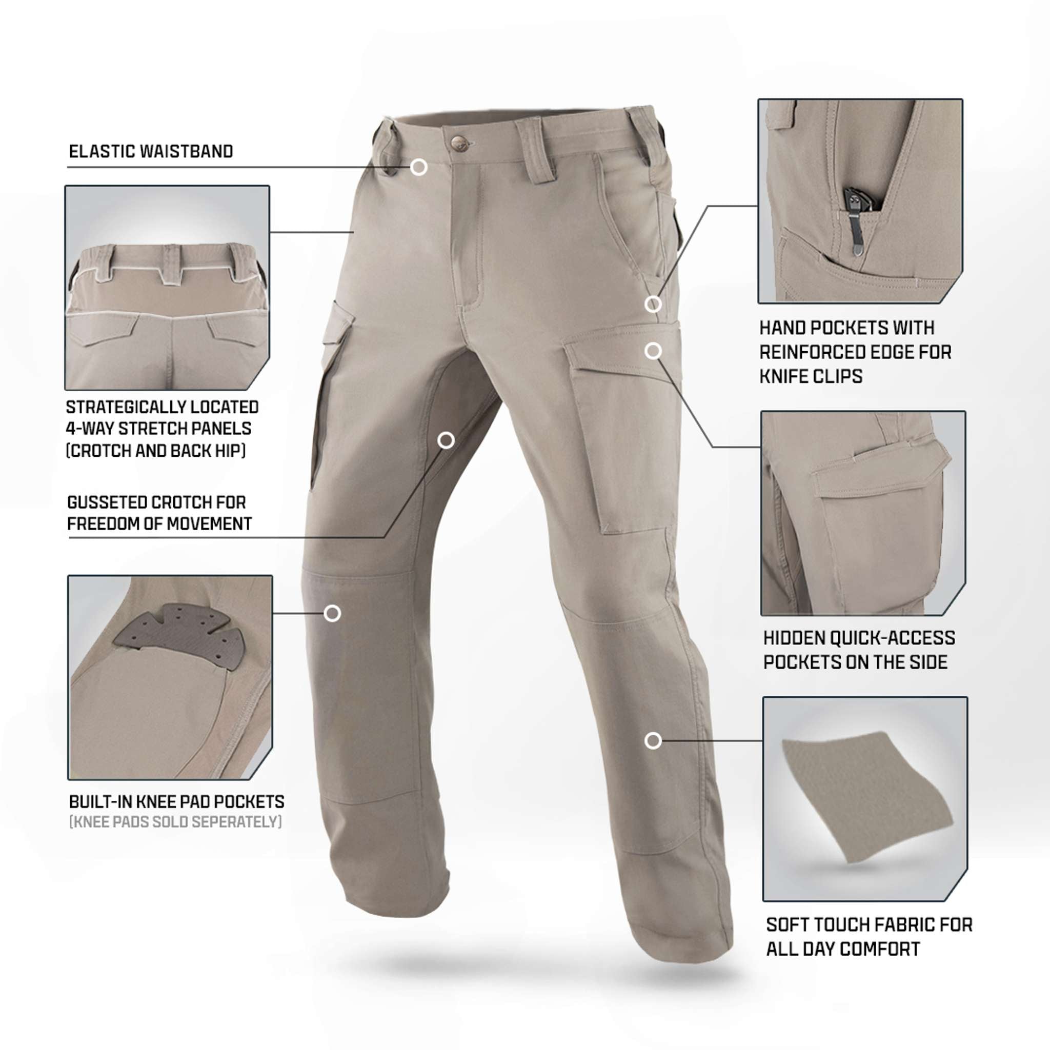 The Condor Patrol ADF Pants feature an elastic waistband, stretch panels, gusseted crotch, reinforced hand pockets, hidden side pockets, knee pad pockets, and soft fabric in a tan tactical design.