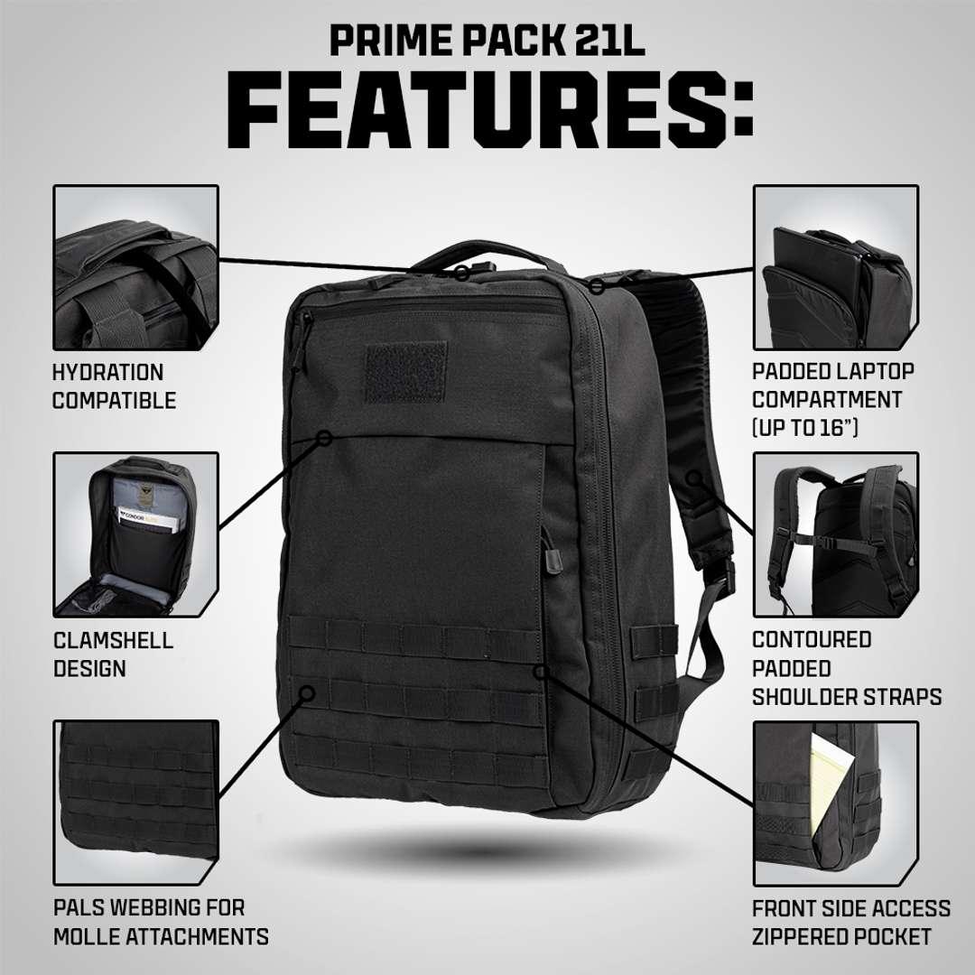 The Condor Prime Pack 21L - MultiCam Black is displayed with labeled features, including hydration compatibility, a padded laptop compartment, clamshell design, contoured straps, MOLLE webbing, and a zippered front pocket.