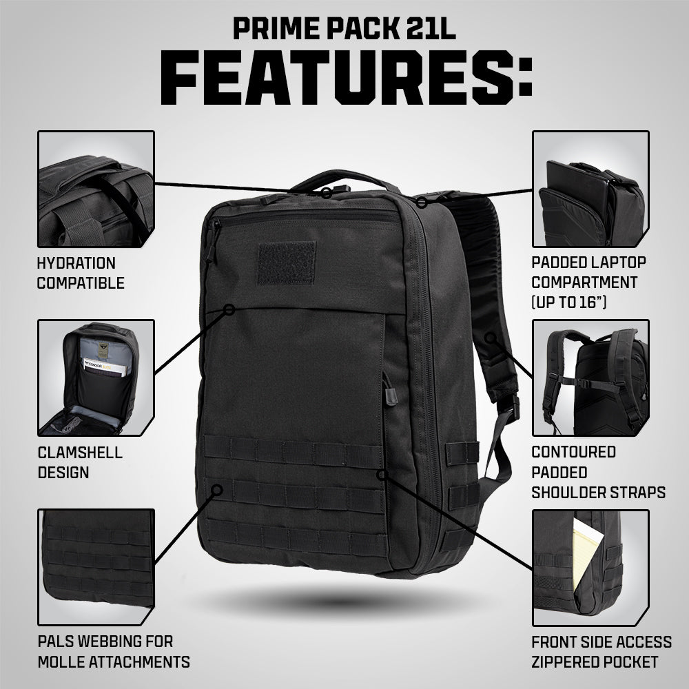 Condor Prime Pack 21L - MultiCam Black: hydration compatible backpack with clamshell design, PALS webbing, padded laptop compartment, contoured straps, and front zippered pocket. Features labeled.