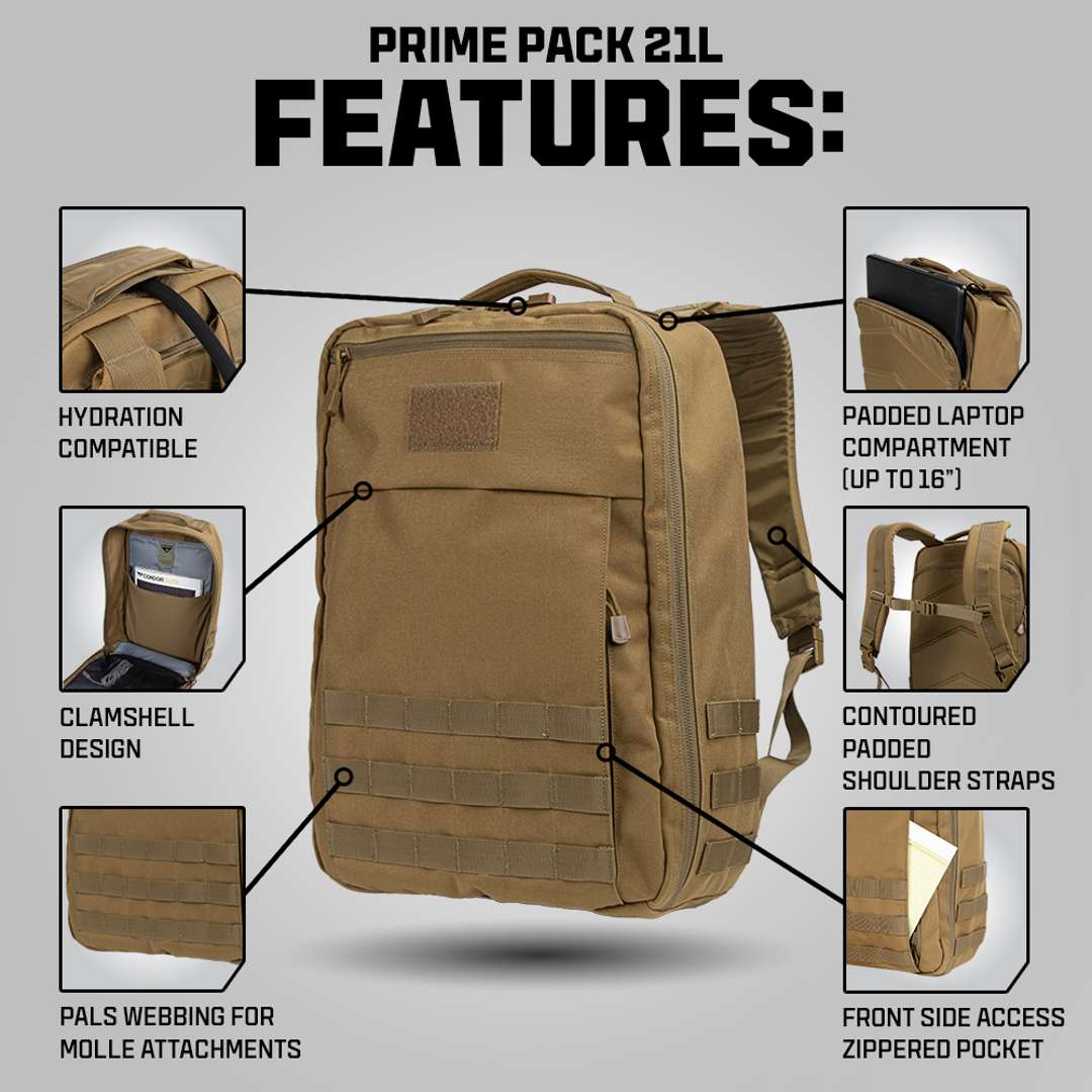 The Condor Prime Pack 21L is a tan tactical backpack featuring hydration compatibility, a clamshell design, MOLLE webbing, padded laptop compartment, contoured straps, and a front zip pocket.