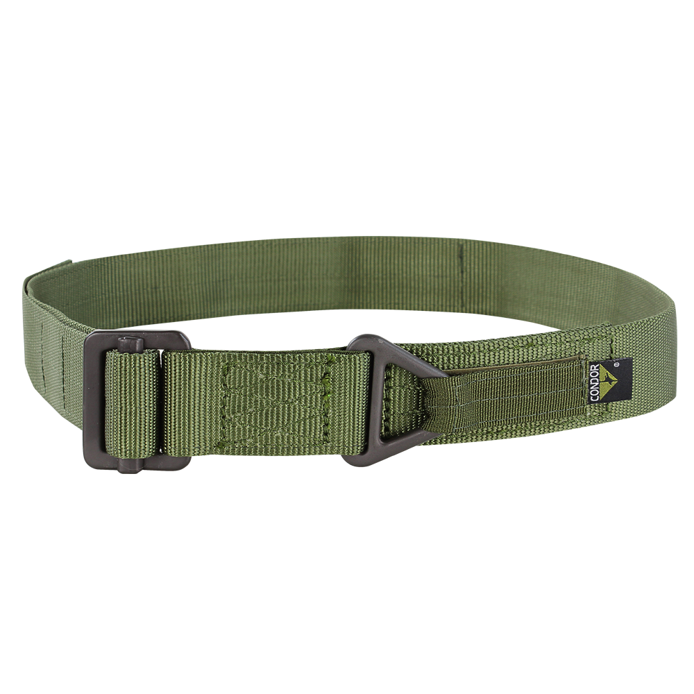 The Condor Riggers Belt is an olive green, heavy-duty nylon belt featuring a black metal buckle and a small black and yellow Condor-branded tag.