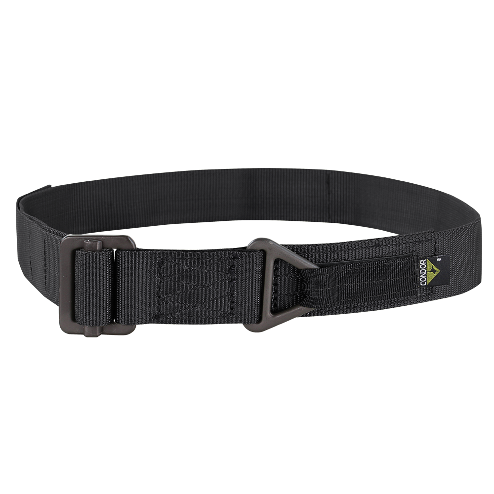 The Condor Riggers Belt is a black nylon tactical belt with a metal buckle and a small rectangular tag featuring a green and yellow Condor logo.