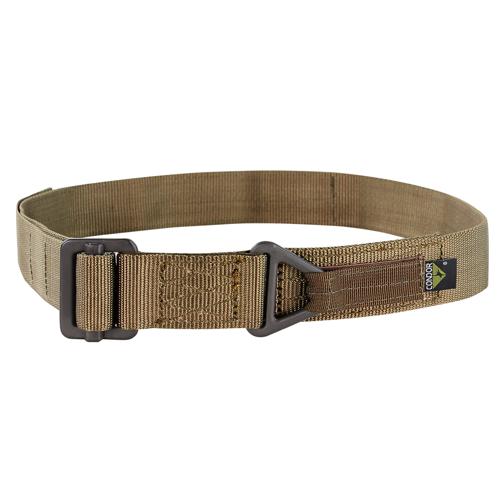The Condor Riggers Belt is a tan tactical nylon belt featuring a black metal buckle and a small rectangular black and yellow tag on the side.