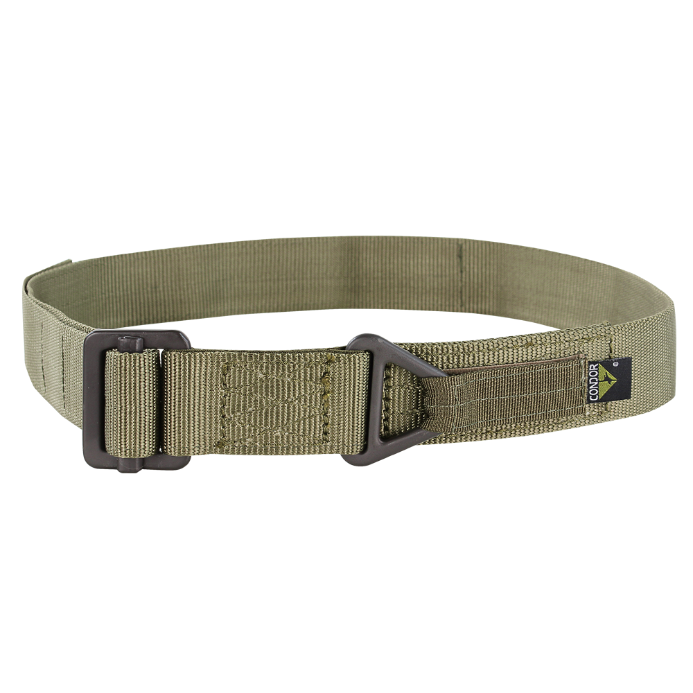 The Condor Riggers Belt is a tan nylon tactical belt with a metal buckle and a small black rectangular logo tag on the side.