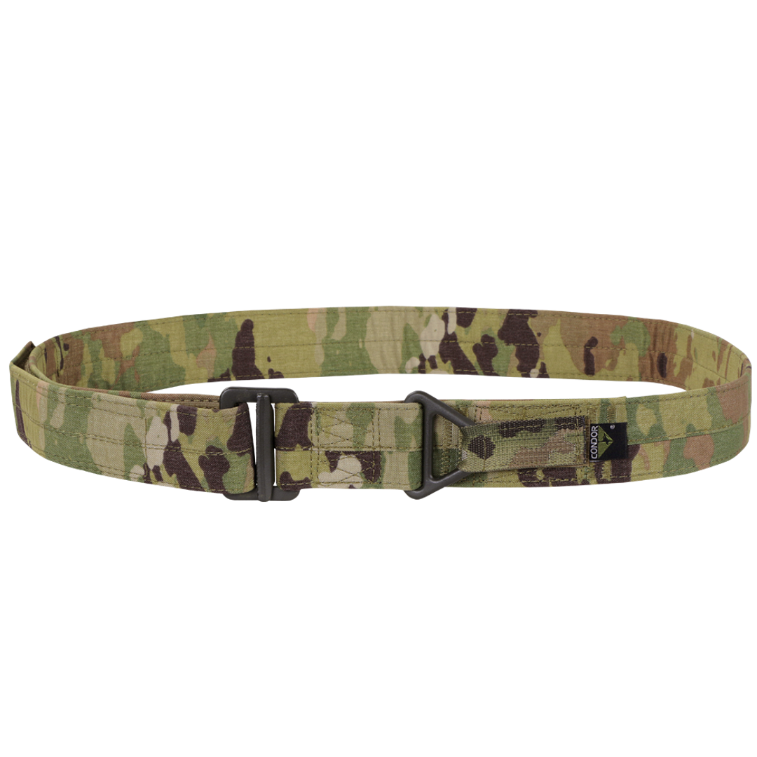 The Condor Riggers Belt in Scorpion OCP features a camouflage pattern, sturdy metal buckle, and small black side tag, shown on a white background.